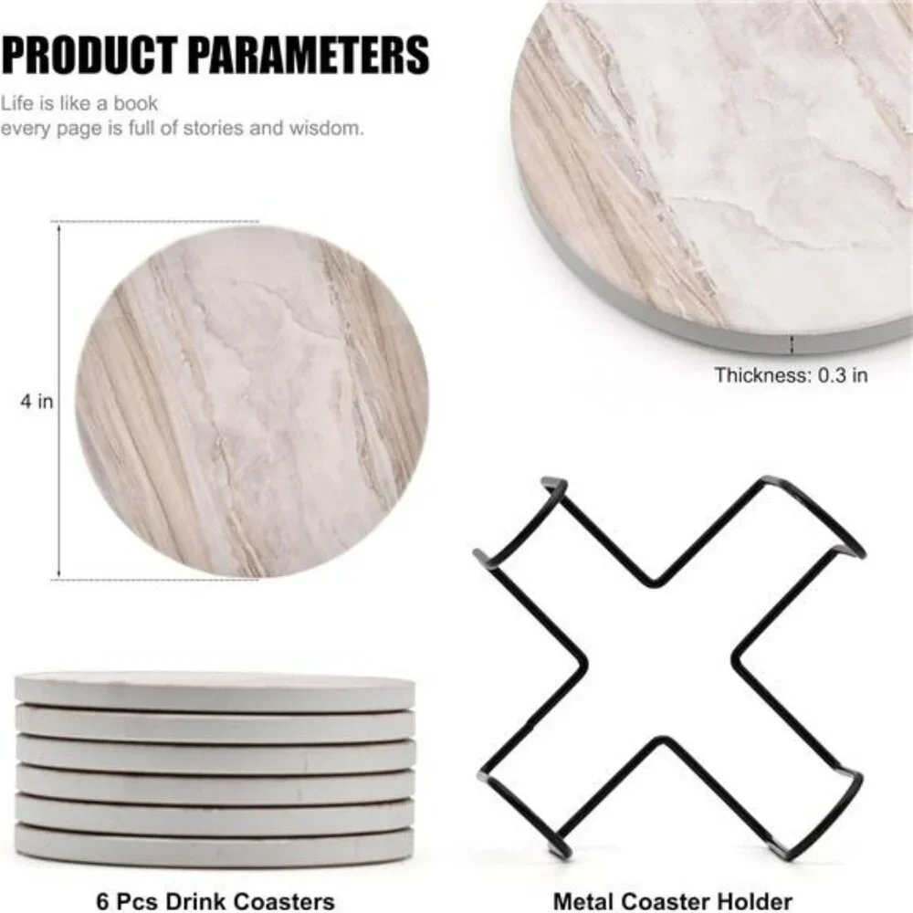 Marble Ceramic Drink Coasters Set of 6 with Holder Absorbent Coffee Table Decor